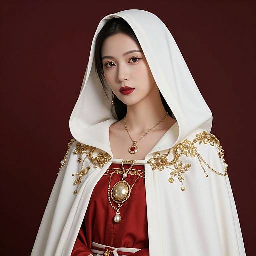 Digital art of an Asian woman with pale skin, red dress, and white hooded cape adorned with gold embroidery and jewelry.