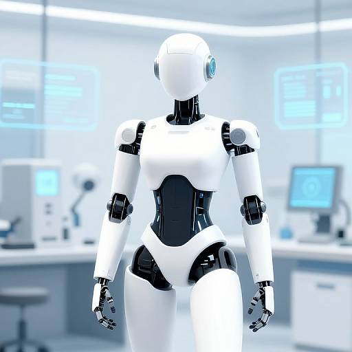 CGI image of a sleek, white and black humanoid robot with smooth surfaces, standing in a futuristic, brightly lit laboratory.