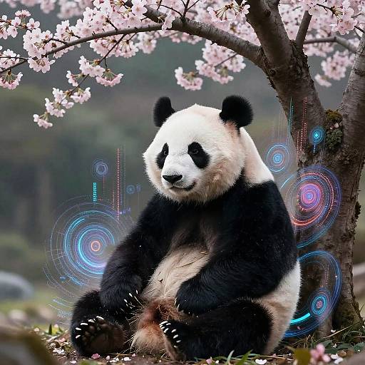 Photograph of a giant panda sitting under a cherry blossom tree, with digital blue and pink circular patterns overlaying the background.