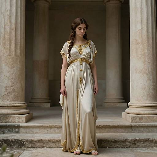 Photograph of a young woman with long, dark brown hair in a Greek-style, cream and gold draped gown, standing before ancient stone columns, with