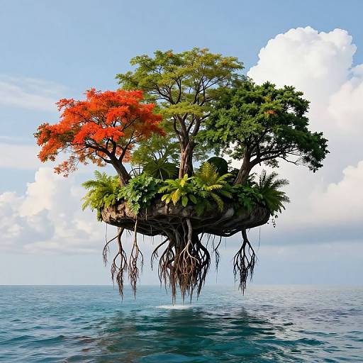 Photorealistic digital artwork of a floating island with vibrant red, green, and yellow trees, surrounded by blue ocean and white clouds.