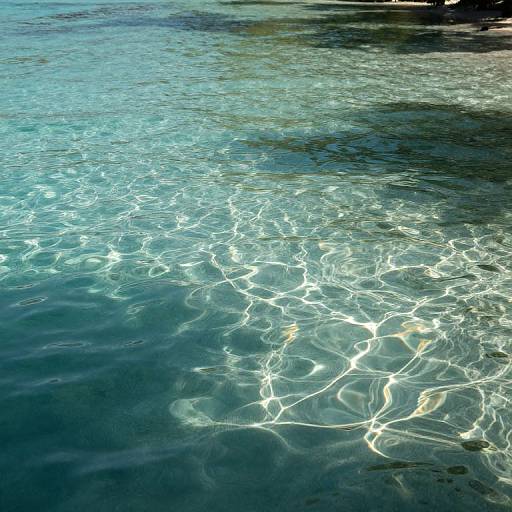 Photograph of clear, turquoise water with sunlight creating wavy, white reflections on the sandy bottom, transitioning from shallow to deeper areas.