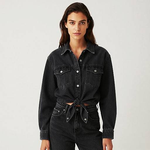 Photograph of a young woman with long dark hair, wearing a black denim button-up shirt and matching pants, tied at the waist, standing against a