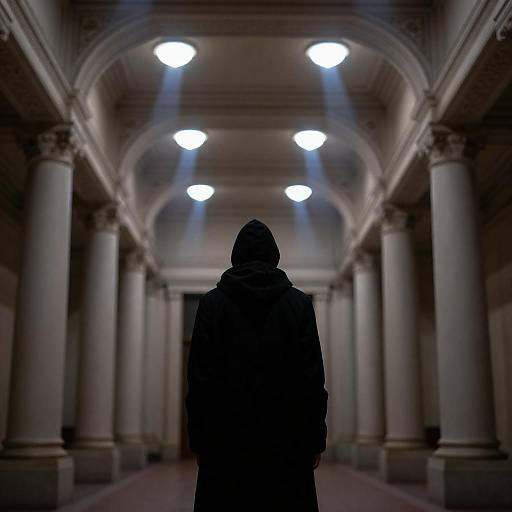 Mysterious Hooded Figure in Ornate Hallway