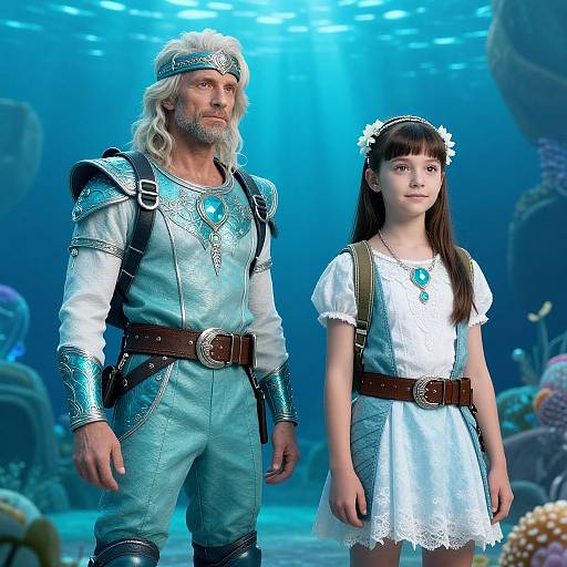 Photorealistic CGI of an older bearded man in silver armor and a young girl in a white dress, underwater, with blue light and coral in
