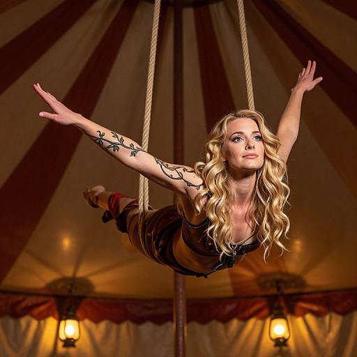 Photograph of a blonde circus performer with wavy hair, black top, and arm tattoos, suspended in mid-air by ropes under a warm, tent