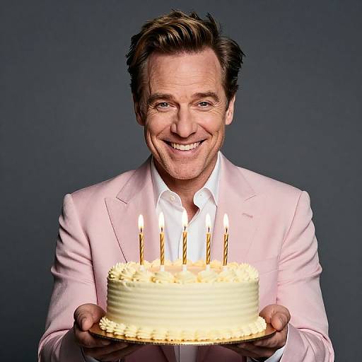 Photograph of a smiling middle-aged man with light brown hair, wearing a pink suit, holding a white frosted birthday cake with seven lit candles,