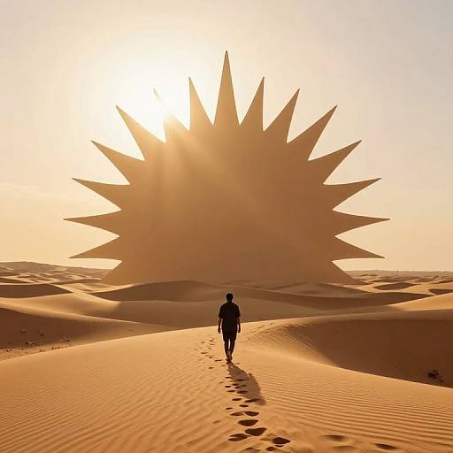 Silhouetted figure walking through sunlit desert with large, starburst-shaped sand formation in background. Golden-orange sand and sunlight create dramatic, expansive