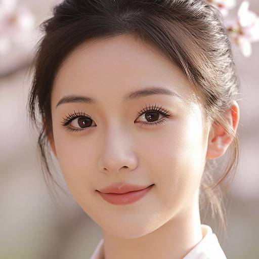 Close-up photograph of an East Asian woman with fair skin, dark hair in a neat bun, and subtle makeup, smiling gently. Soft sunlight highlights her
