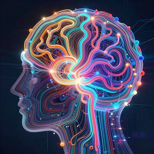 Neon-lit, colorful, wireframe human head silhouette against dark background, showcasing intricate brain-like patterns with glowing blue, red, orange, and