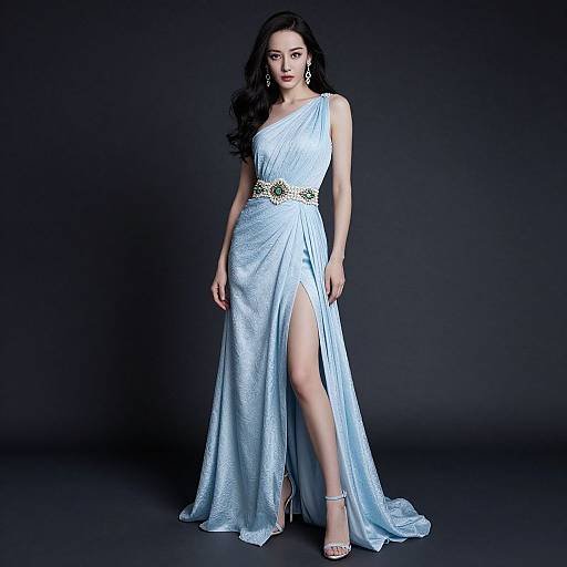 Photograph of a stunning Asian woman in a light blue, one-shoulder, high-slit evening gown with gold belt, standing against a dark