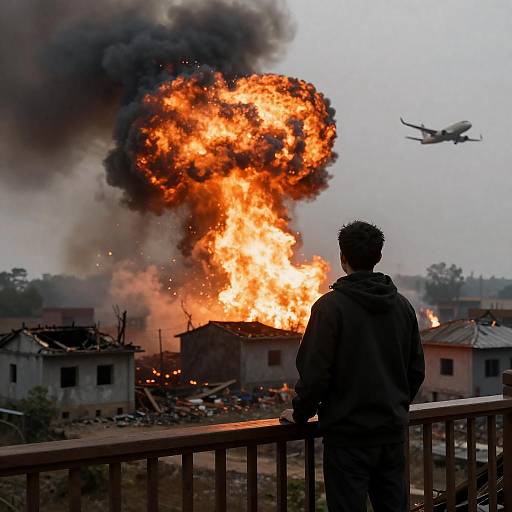 Silhouette Watching Rural Explosion With Plane