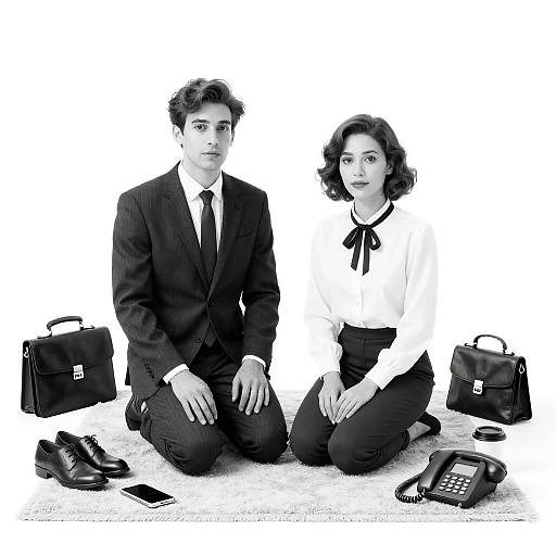Monochrome Kneeling Couple on Rug