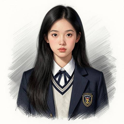 Digital portrait of an East Asian woman with long black hair, wearing a black school blazer, white shirt, and black tie, with a school emblem