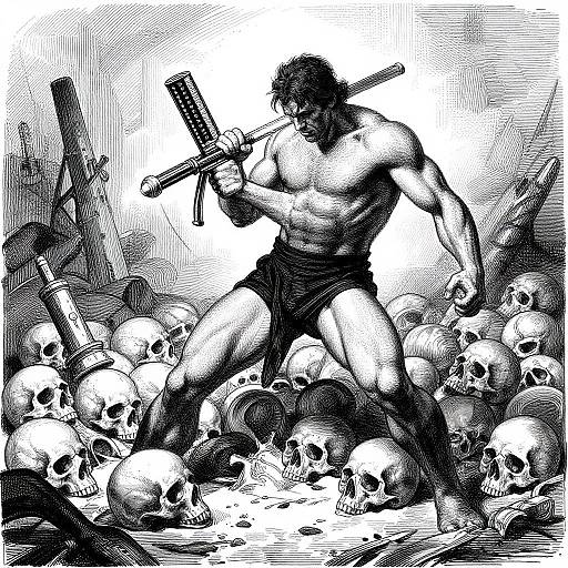 Ominous Athletic Man Amidst Skulls