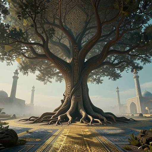 Photorealistic CGI of a massive, intricately patterned tree with thick roots, standing in a sunlit, ancient Middle Eastern cityscape.
