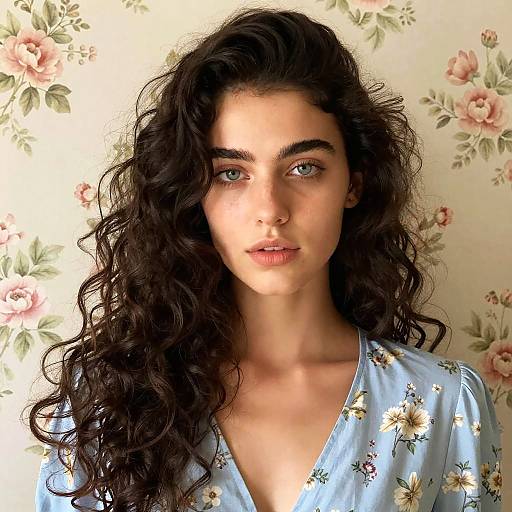 Photograph of a young woman with long, curly black hair, blue eyes, and light skin wearing a light blue floral shirt, against a floral-pattern