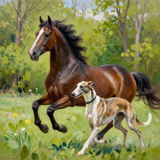 Prancing Horse and Greyhound in Spring