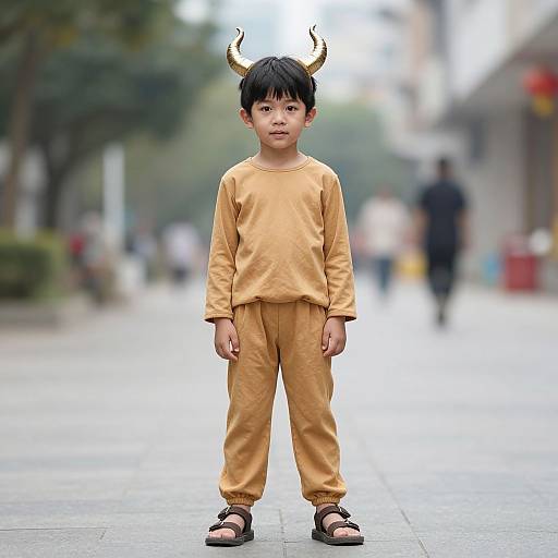 Photograph of an Asian boy with black hair, small horns, wearing a mustard long-sleeve shirt and pants, black sandals, standing on a
