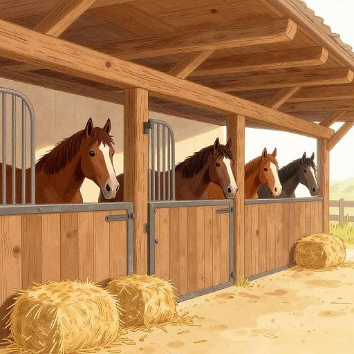Digital illustration of three horses with varied brown and black coats, standing in a wooden barn with hay bales on the floor. Bright sunlight filters through the