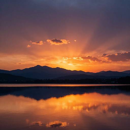 Photograph of a vibrant sunset over calm water, with dark mountain silhouettes and colorful sky reflecting in the lake.