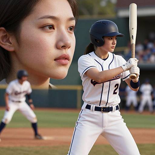 Photograph of an Asian female baseball player in white uniform and black helmet, poised to bat, with a large close-up of her face in the foreground