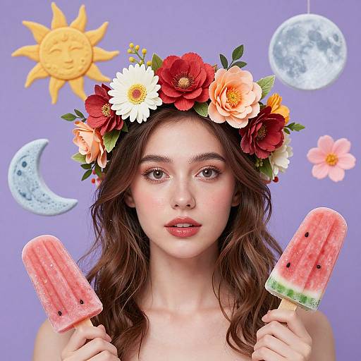 Photograph of a young woman with fair skin, brown wavy hair, wearing a flower crown, holding two watermelon popsicles, against a purple