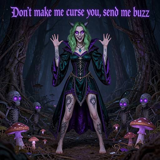 Digital artwork of a green-haired woman in a black, gothic dress, surrounded by glowing mushrooms and purple-eyed creatures, with 