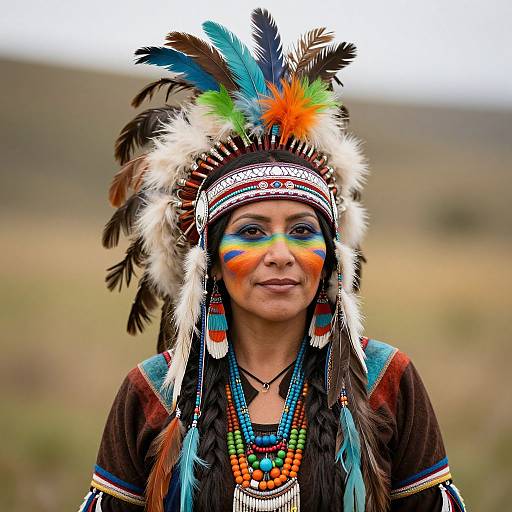 Photograph of a Native American woman with colorful face paint, feathered headpiece, and beaded jewelry, set against a blurred outdoor background.