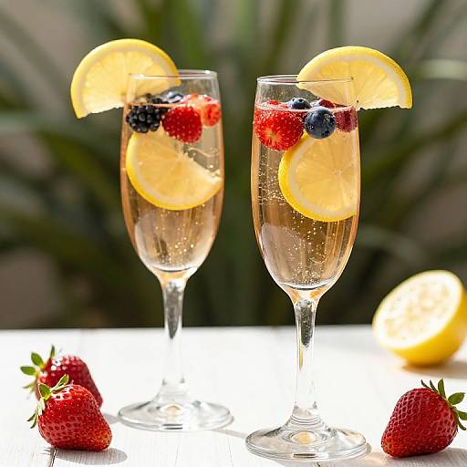 Photograph of two champagne flutes with lemon slices, blueberries, strawberries, and raspberries, set against a blurred green leafy background.