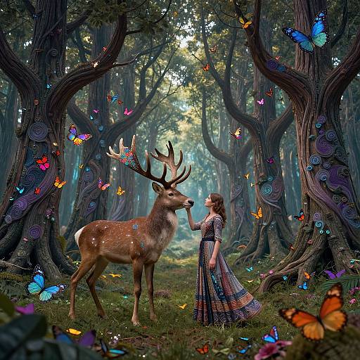 Fantastical forest scene: young woman in patterned dress gently touches majestic deer with large antlers, surrounded by vibrant butterflies and enchanted trees.