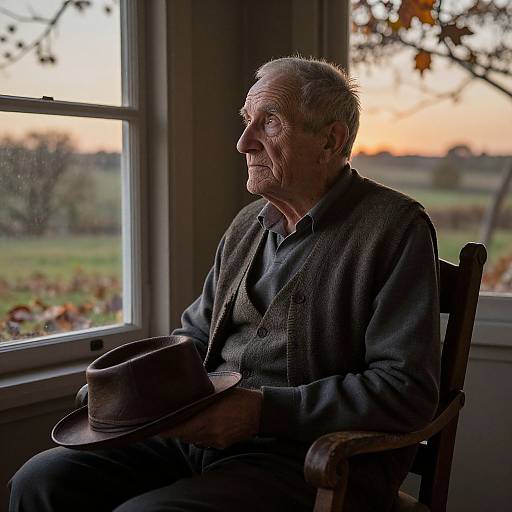 Photograph of an elderly man with white hair, wearing a dark gray wool jacket, sitting in a wooden chair by a window at sunset, holding a
