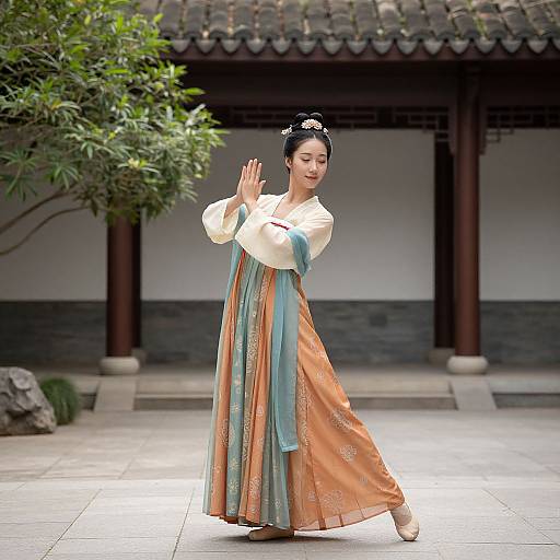 Photograph of an Asian woman in traditional Korean hanbok, standing in a courtyard, hands raised in a graceful pose, with tiled roof and green