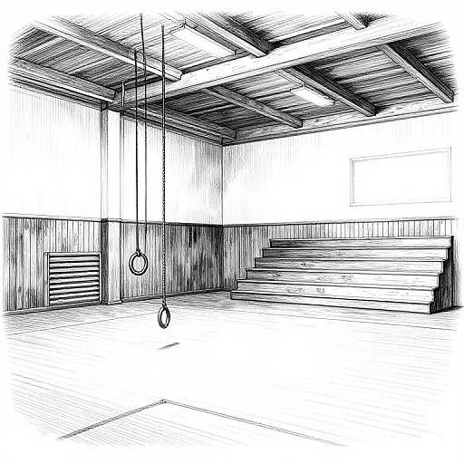 Black-and-white ink drawing of a modern, minimalist industrial room with suspended strings, wooden ceiling beams, stairs, and a hanging ring.