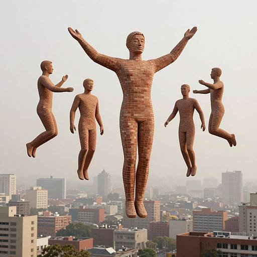 Digital artwork of pixelated, nude human figures in mid-air with arms raised, floating above a cityscape with tall buildings.