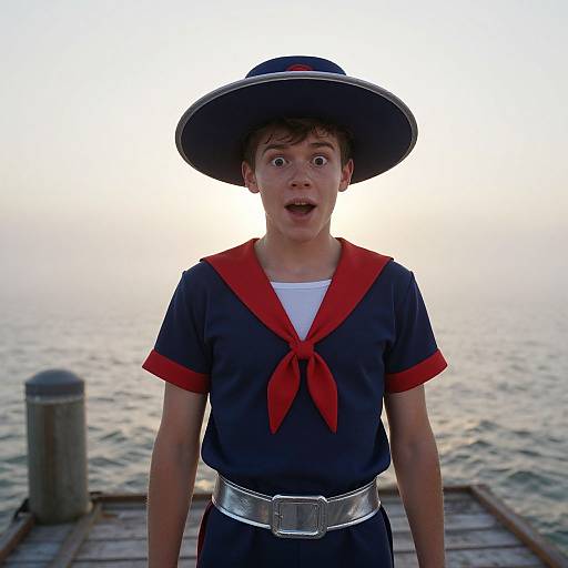 Photograph of a young boy in a navy sailor costume with red trim, white shirt, and wide-brimmed hat, standing on a wooden pier