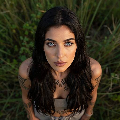Photograph of a woman with striking blue eyes, long black hair, tattoos, wearing a strapless top, looking up with intense gaze, surrounded by