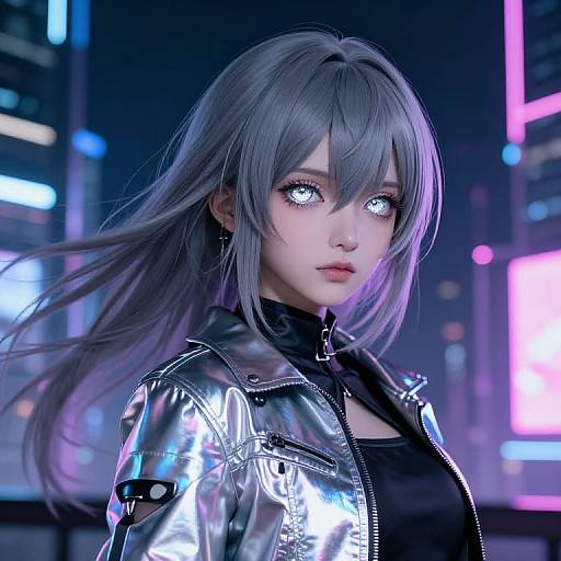 Digital art of a silver-haired anime girl with glowing blue eyes, wearing a shiny silver jacket, in a neon-lit cityscape.