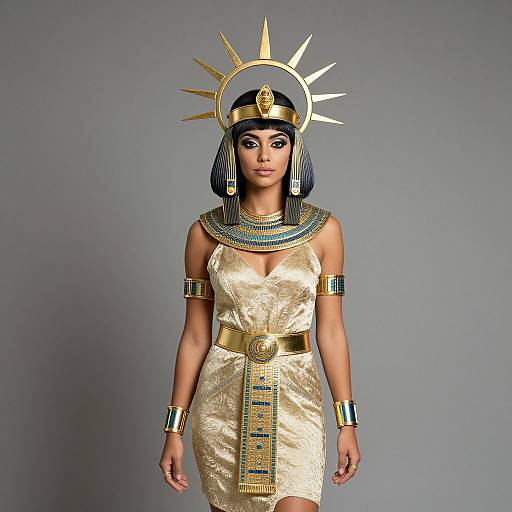 Photograph of a woman in an Egyptian-inspired outfit: gold dress, blue and gold headdress, armlets, necklaces, and a sun crown