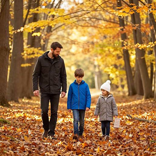 Photograph of a bearded man in black, a boy in blue, and a girl in white hat walking on autumn leaves in a sunny forest.