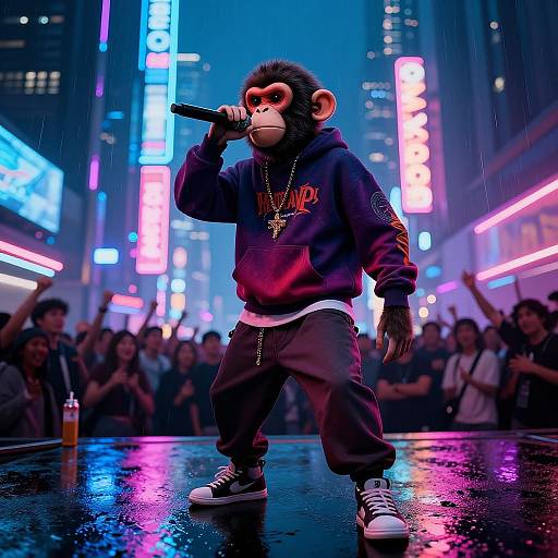 Futuristic Monkey Rapper Night Scene