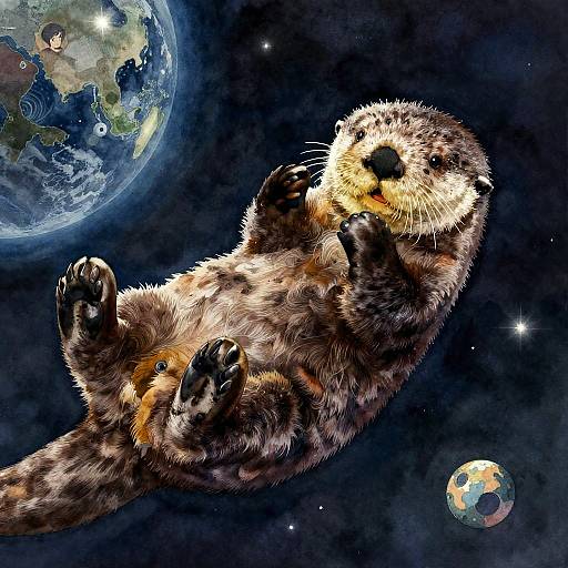 Lifelike Sea Otter in Space Watercolor