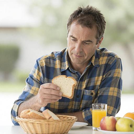 Man Holding Bread at Breakfast Table