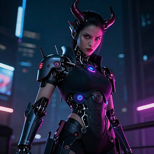 CGI cyberpunk image of a fierce woman with black armor, glowing neon accents, black horns, and purple highlights, standing in a futuristic city night
