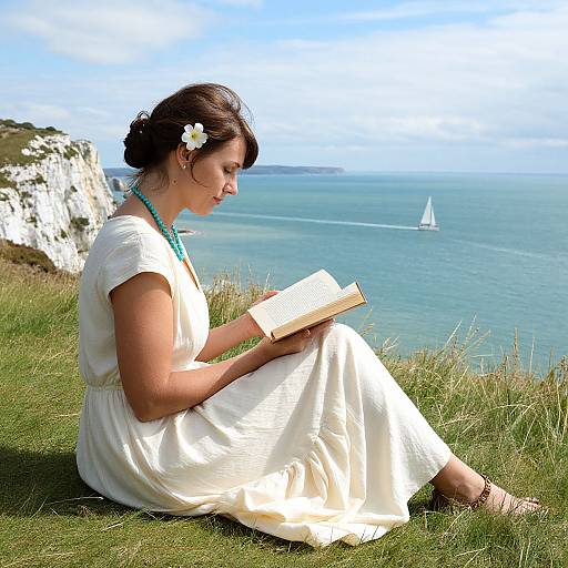 Photograph of a woman with brown hair, white dress, flower hairpin, blue bead necklace, reading on grassy cliff overlooking blue ocean with white