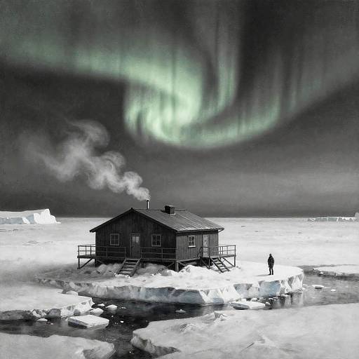 Charcoal Polar Station in Arctic Aurora