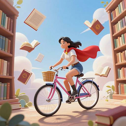 Digital illustration of a young Asian woman with black hair, wearing a red cape, white shirt, and denim shorts, riding a pink bicycle through a library