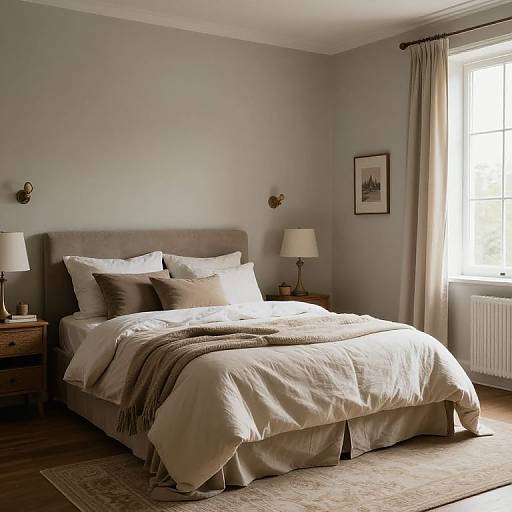 Photograph of a cozy, minimalist bedroom with a gray upholstered bed, beige bedding, two brown pillows, wooden nightstands, white lamps, framed