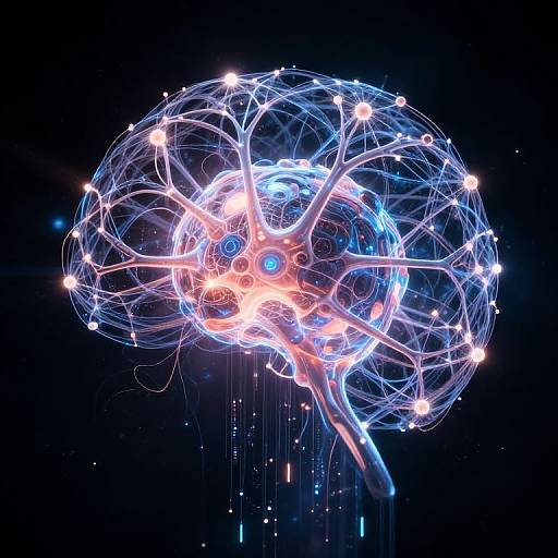 Digital CGI image of a glowing, neon-lit brain with intricate white and blue neural connections against a black background.