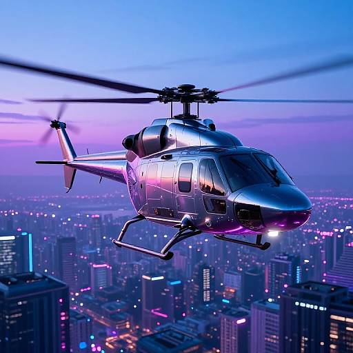 Photorealistic digital image of a sleek, metallic black helicopter flying over a vibrant, neon-lit cityscape at dusk.
